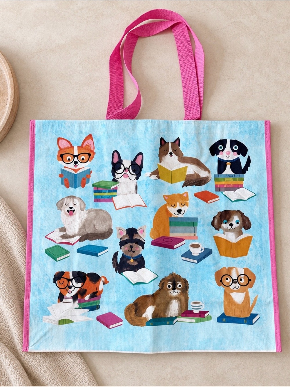Dogs reading books print reusable tote bag
